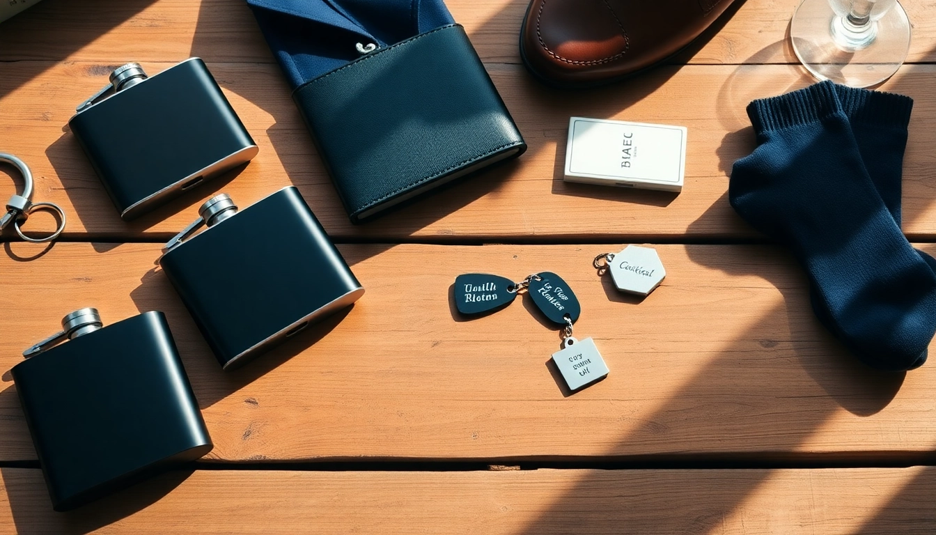 Showcasing cheap groomsmen gifts like engraved flasks and personalized keychains on a wooden table.