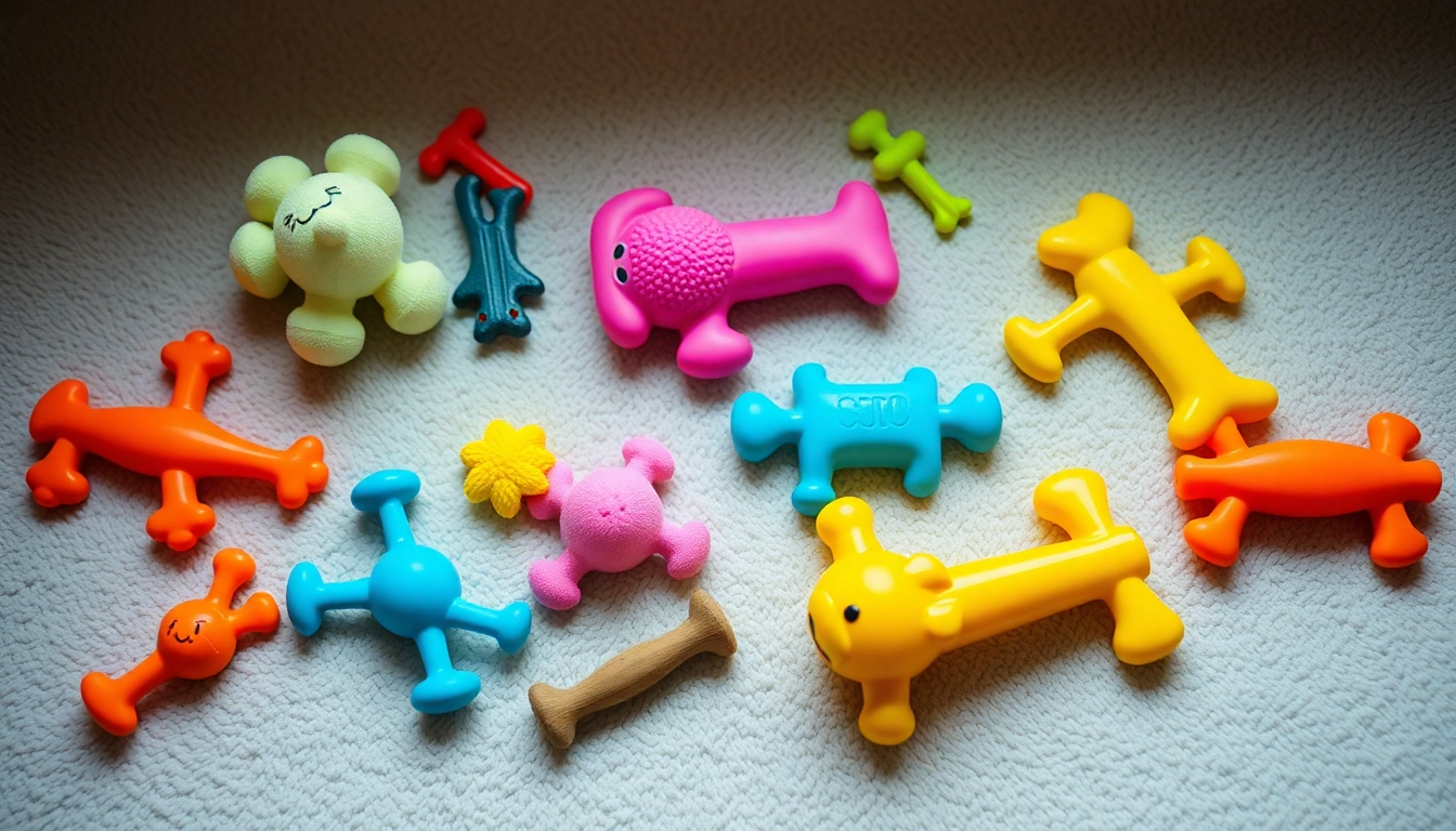 Pet toys displayed enticingly with vibrant colors, inviting pets to engage and play.