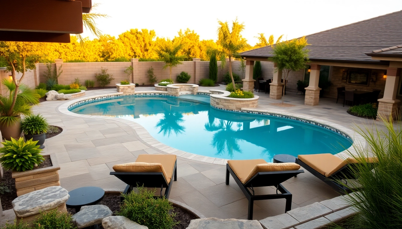 Dive into stunning Hardscapes & Pools featuring a serene outdoor retreat with a landscaped pool and natural stone features.