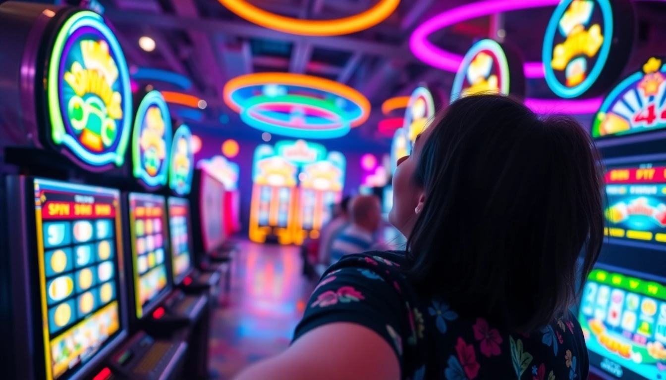 Experience the thrill of slot online games with colorful neon slot machines spinning in a digital casino.