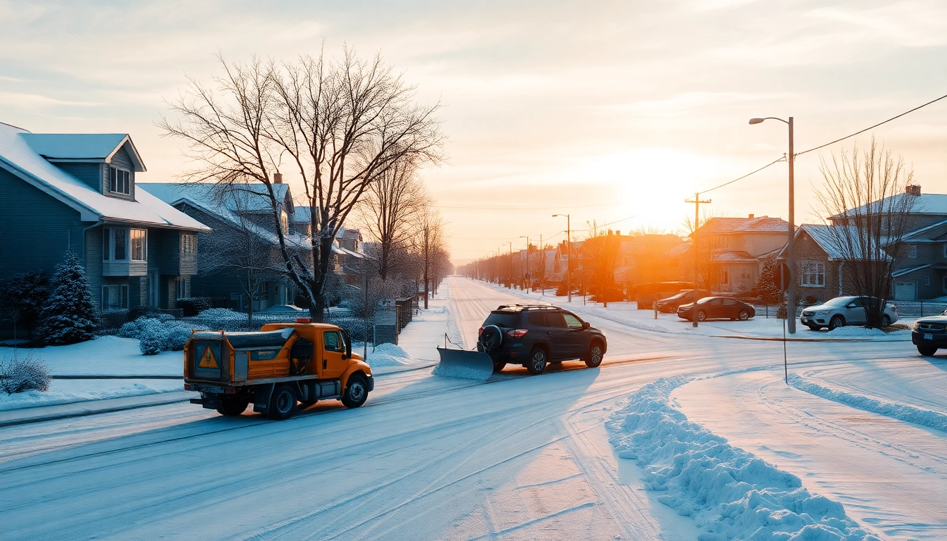 Snow plowing service efficiently clearing roads of fresh snowfall, creating safe passageways.