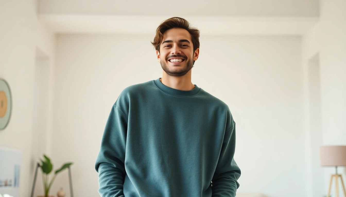 Here is a stylish crewneck sweatshirt being worn by a model, showcasing its trendy design and comfort.