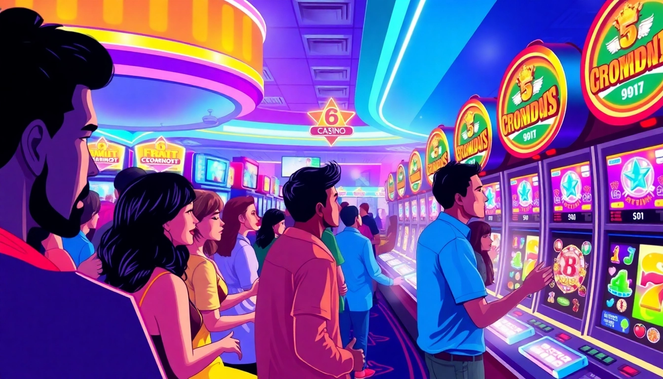 Experience the excitement of สล็อต168 with vibrant slot machines and enthusiastic players in a lively casino setting.