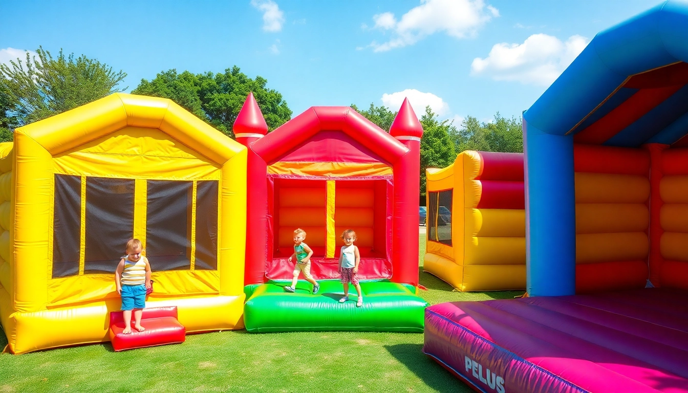 Bounce Houses for Rent Near Me - Kids enjoying vibrant bounce houses in a lively park setting.