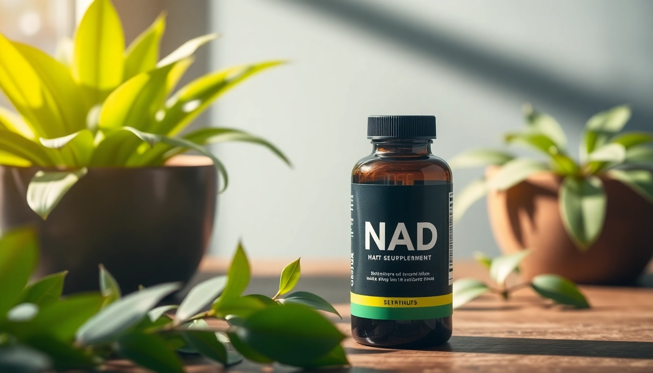 Enhance your energy with NAD Supplement displayed on a wooden table surrounded by fresh greenery.