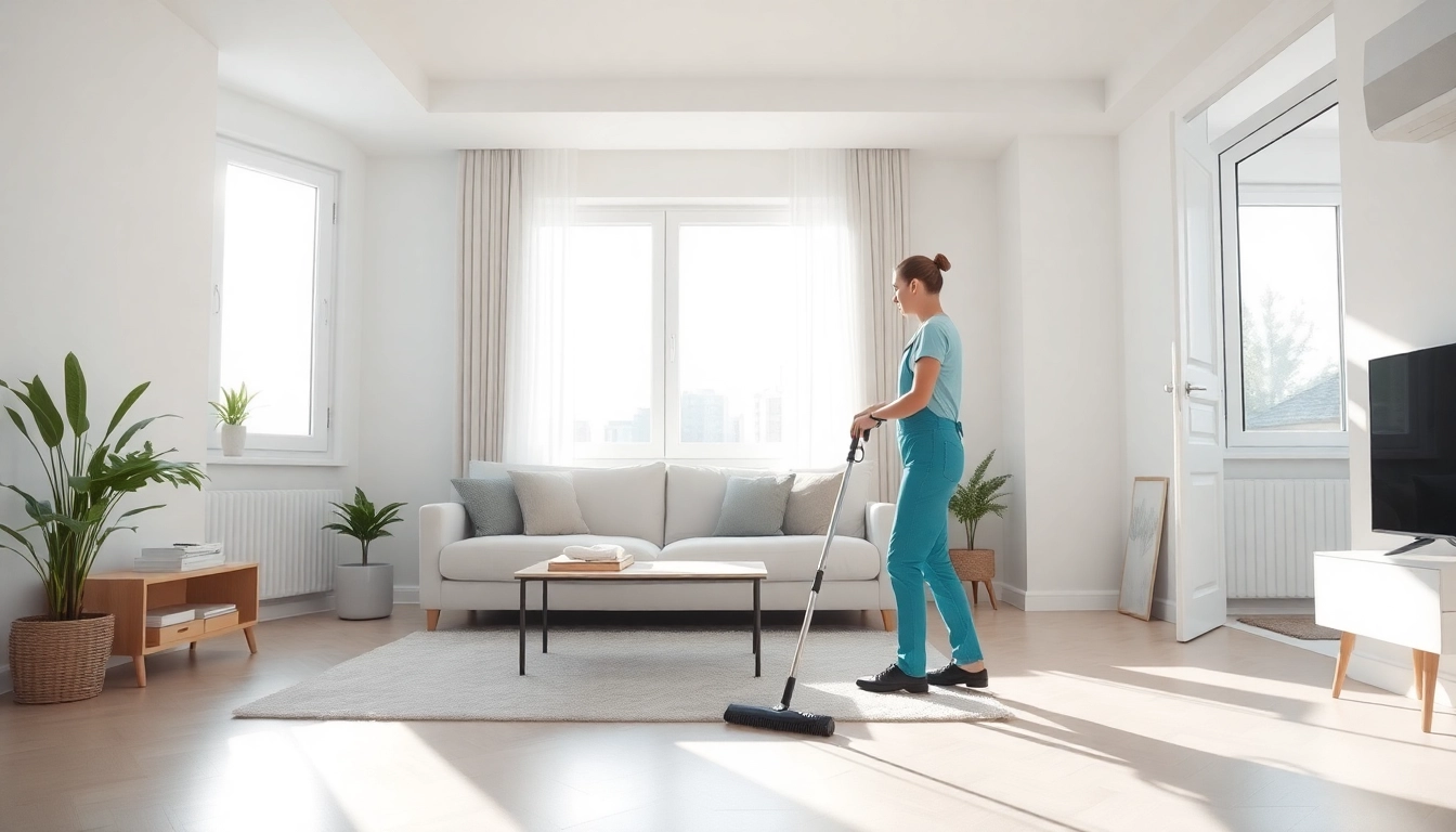 Bond cleaning Brisbane service showcasing a professional cleaner in a bright modern apartment.