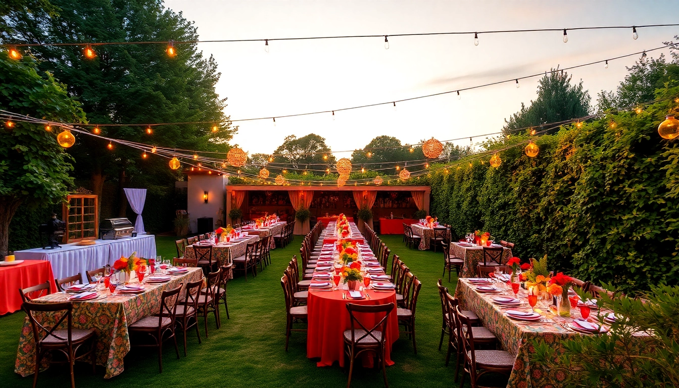 Set up a vibrant outdoor dining experience showcasing Partyservice Berlin catering with colorful arrangements and festive ambiance