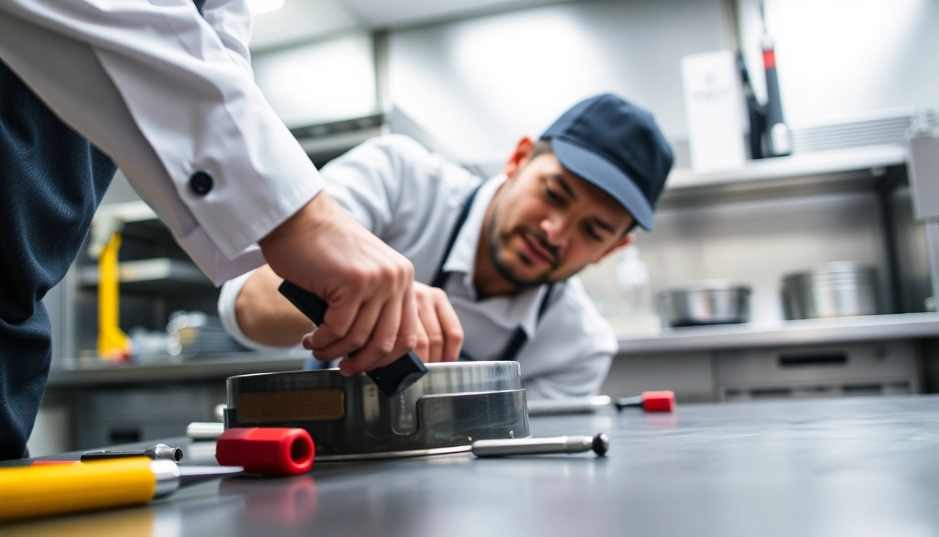 Technician performing chef base repair in a well-lit commercial kitchen environment, showcasing tools and precision work.