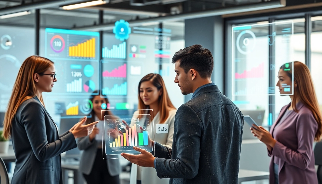AI marketing agents collaborating in a modern office with holographic analytics and diverse team members