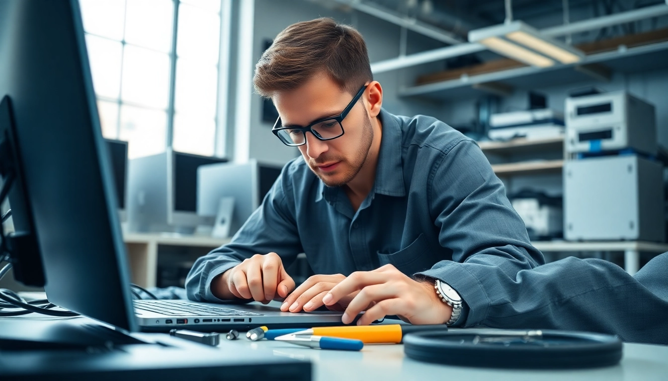 Servizio di riparazione computer a Torino, con un tecnico al lavoro su un laptop.
