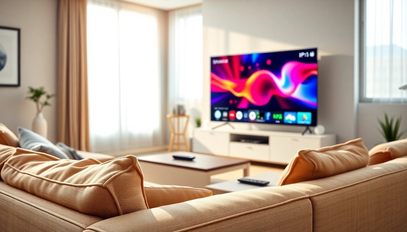 Stream IPTV test line in a modern living room setup with vibrant TV display.