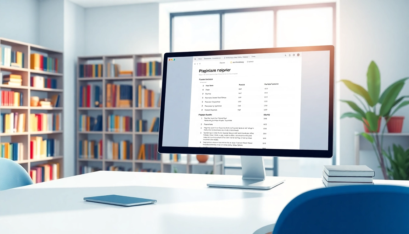 Plagiarism checker interface displayed on a computer screen in a modern office.