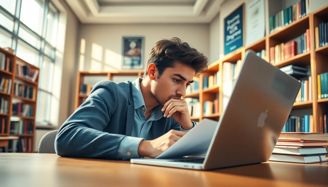 A student diligently studying for an original UK degree in a modern library.