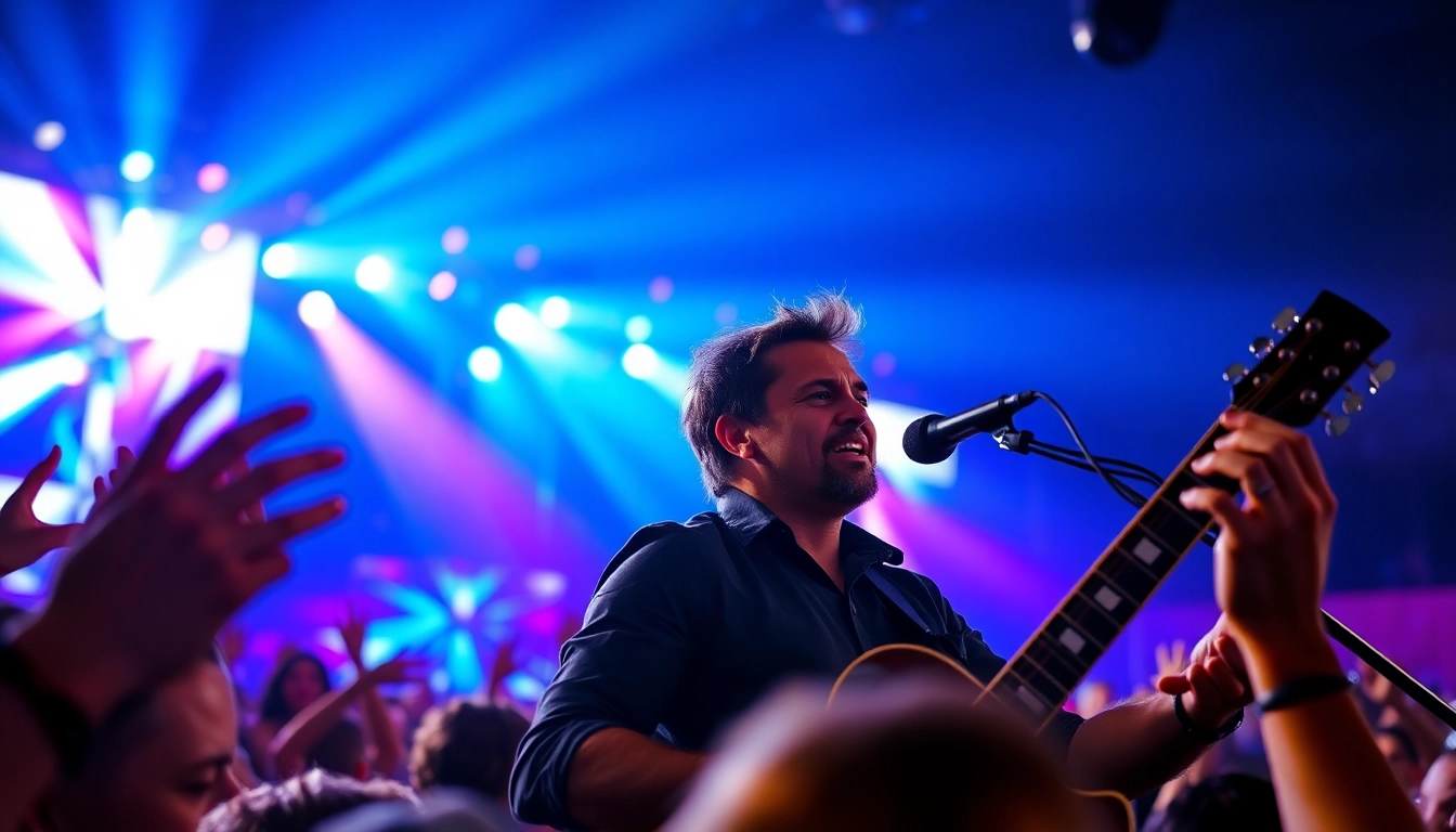Music performance by a passionate artist on stage, surrounded by vibrant lights and an energetic crowd