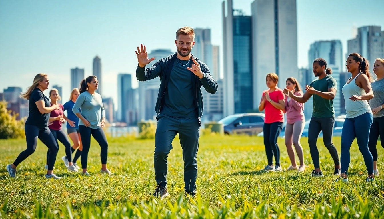 Dynamic scene of a Personal Trainer for Sports Jersey City leading an outdoor fitness class.
