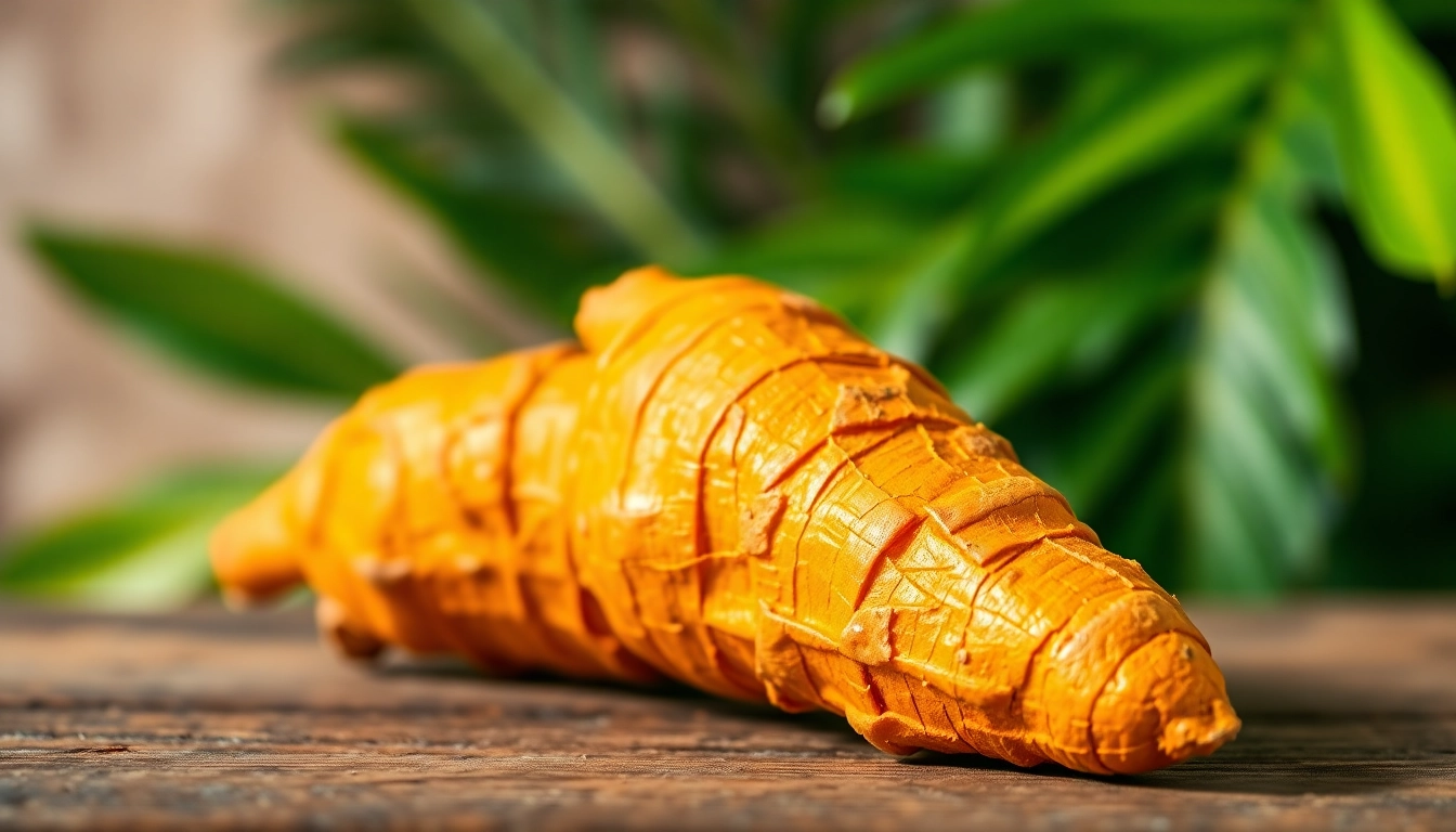 Turmeric Root displayed beautifully on a wooden table, highlighting its rich texture.