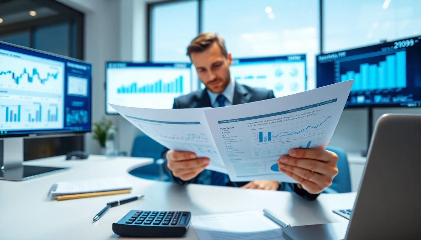 Conduct an impairment test with a focused accountant analyzing financial reports in an office.