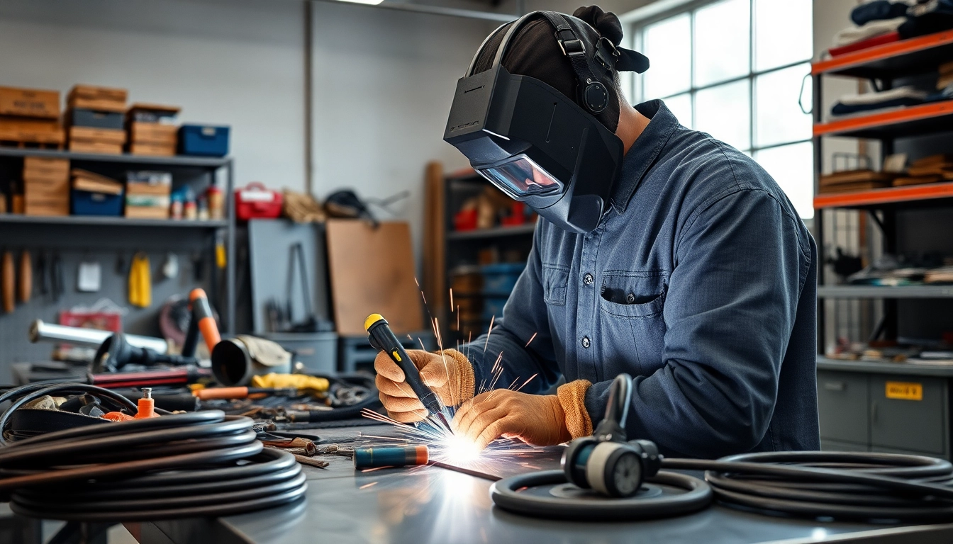 Find welding supplies near me in a professional workshop, showcasing a welder's tools and protective gear.