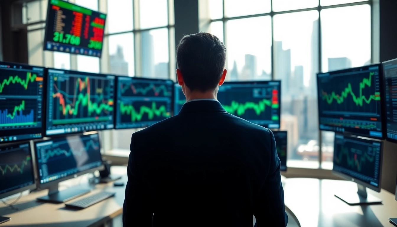 Trader analyzing trade futures with market data on screens in a modern office.