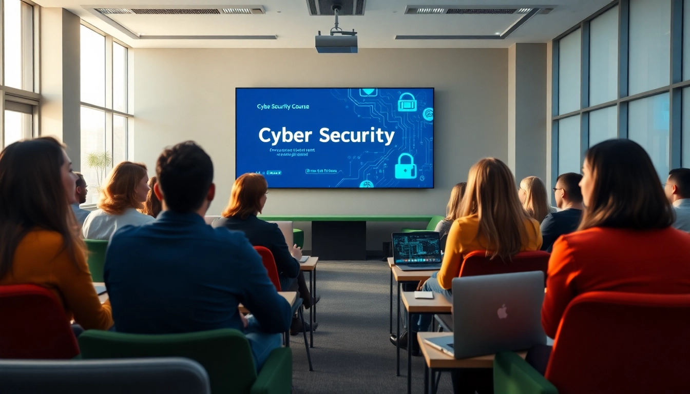 Engaged learners in a cyber security course training session, focused on interactive content.