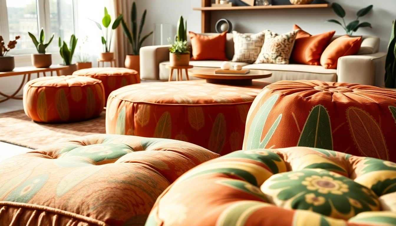 Cactus silk Poufs beautifully arranged, displaying vibrant colors and textures in a cozy living room.