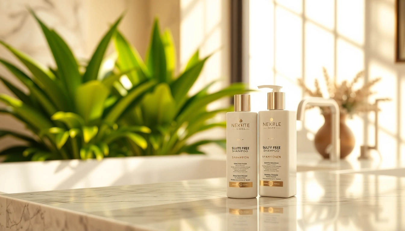 Showcase a premium sulfate free shampoo bottle elegantly placed in a serene bathroom environment.