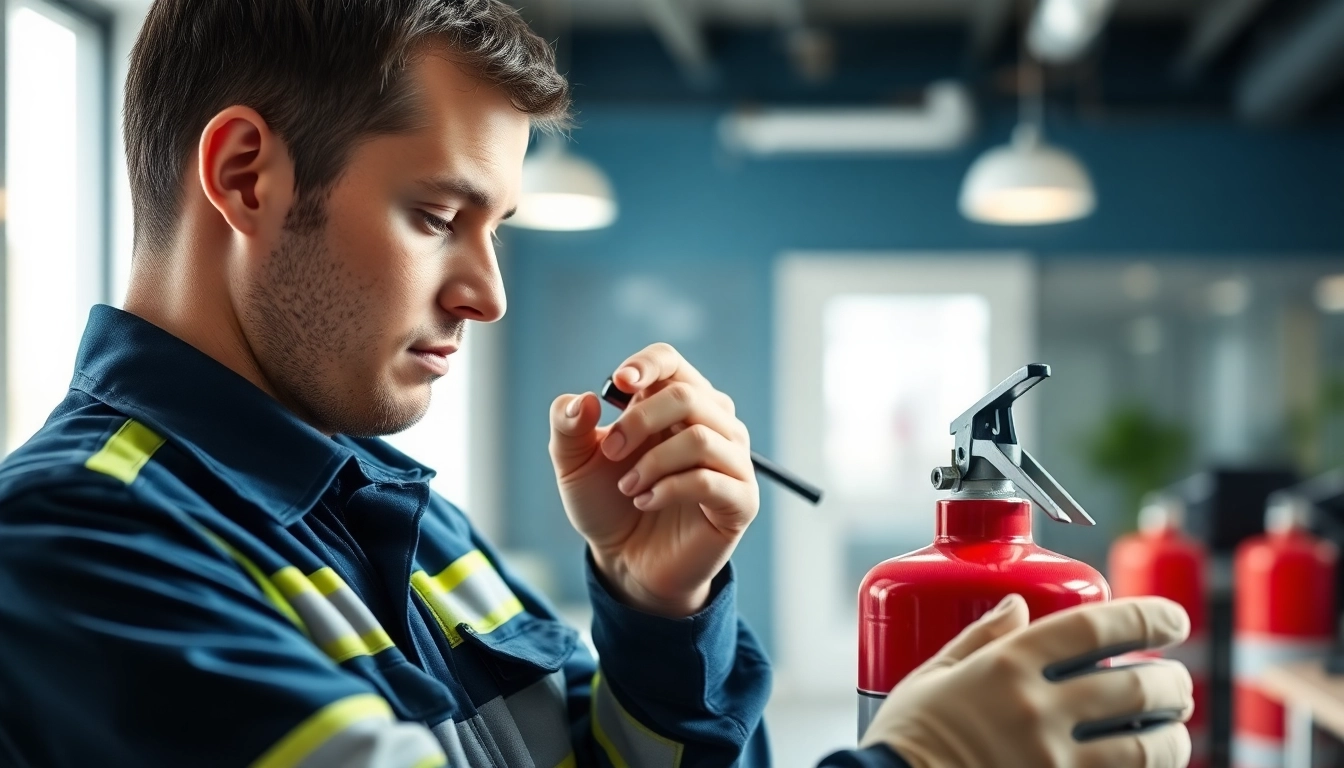 Expert conducting fire extinguisher servicing Lichfield, ensuring safety and compliance in a professional environment.