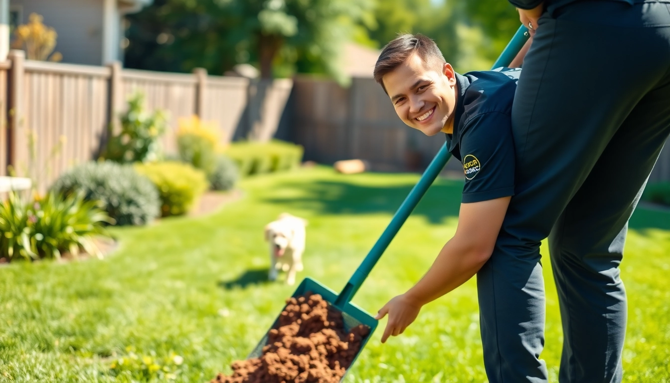 Dog poop cleaning service technician scooping waste in a sunny backyard setting.