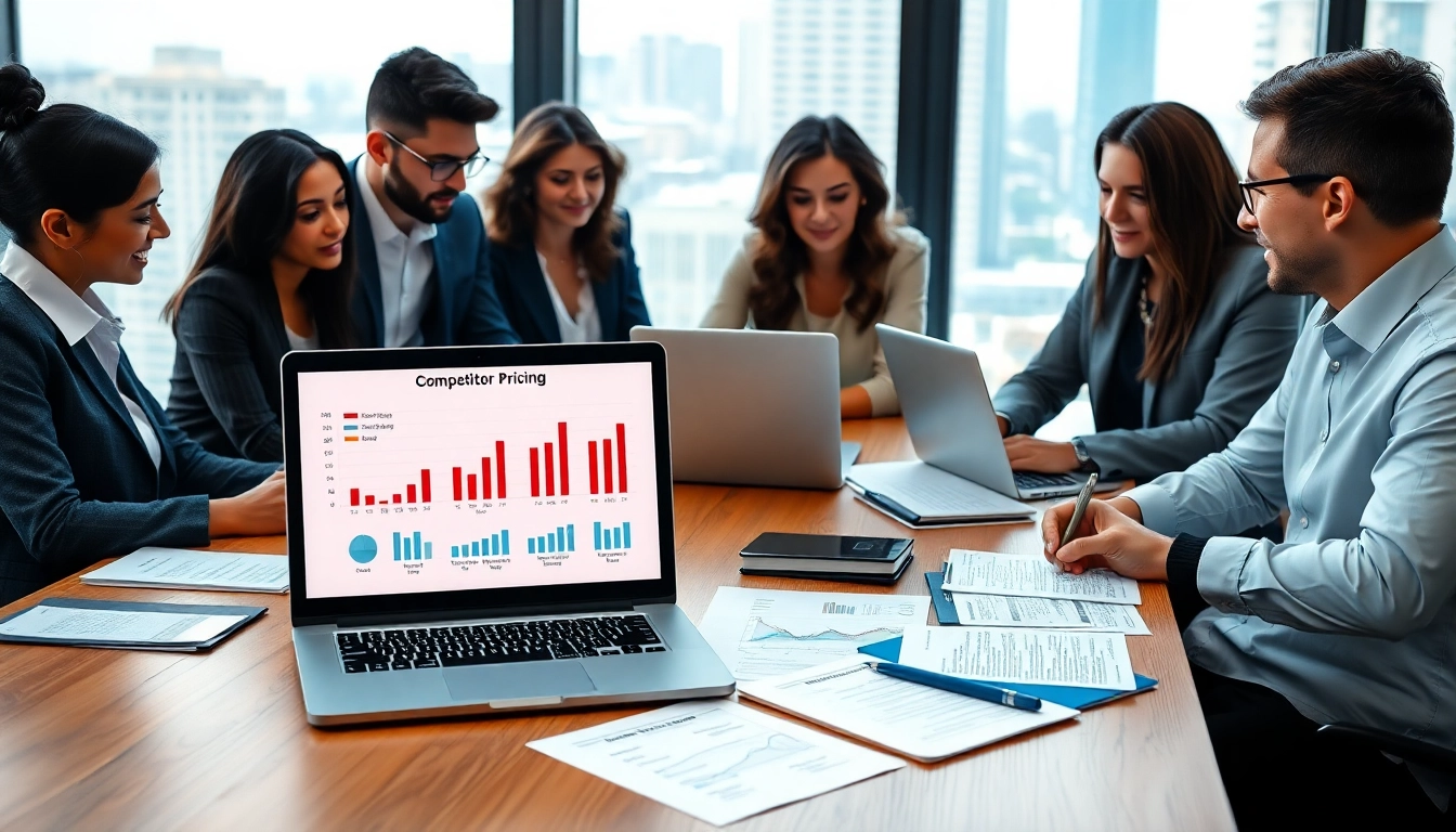 Visual representation of a team engaging in competitor pricing research in a bright office setting.