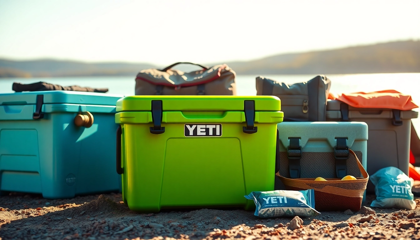Showcase of cooler brands like Yeti demonstrating quality features in a vibrant outdoor setting.