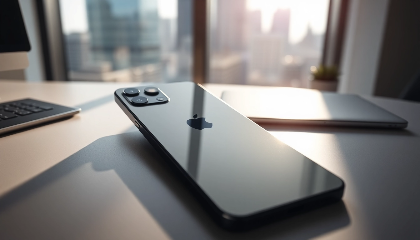 Buy iPhone Pro Max with elegant design on a modern desk, highlighting its sleek features.