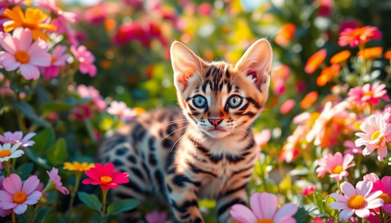 Playful Bengal kittens representing Bengal Breeders Orange County in a vibrant garden setting.