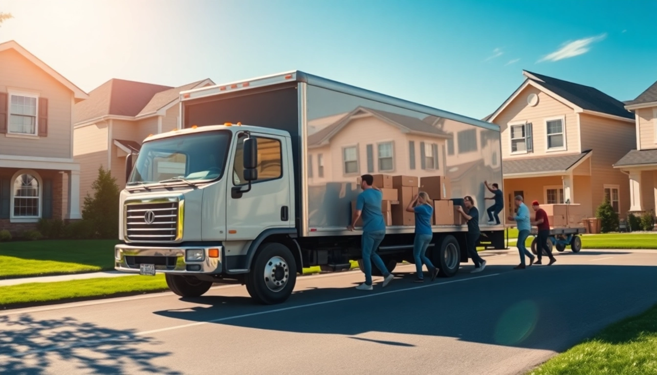 House moves in action as a moving truck loads boxes in a suburban neighborhood.