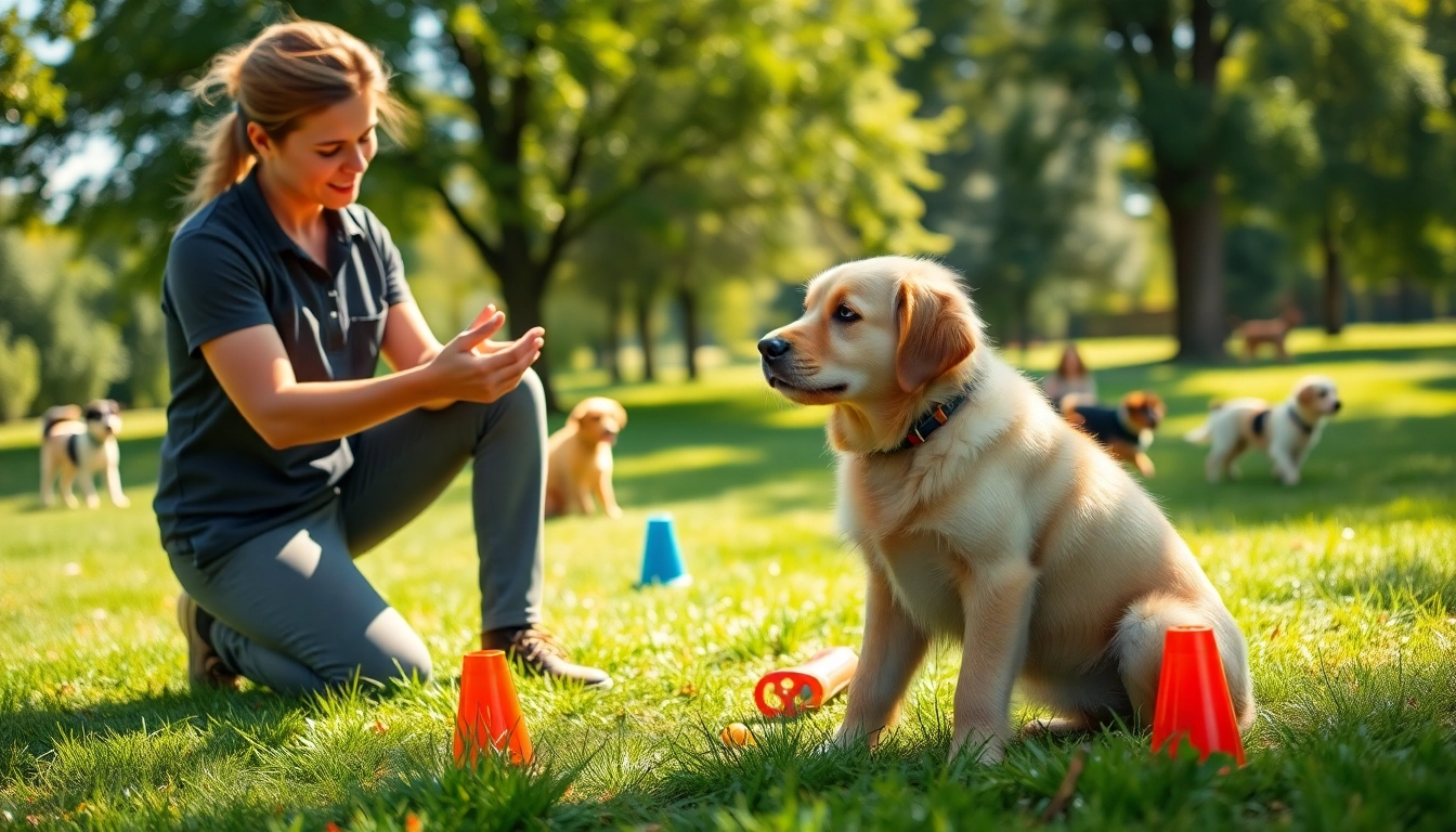 Engaging Dog Training Irvine scene with trainers and puppies in a natural park.