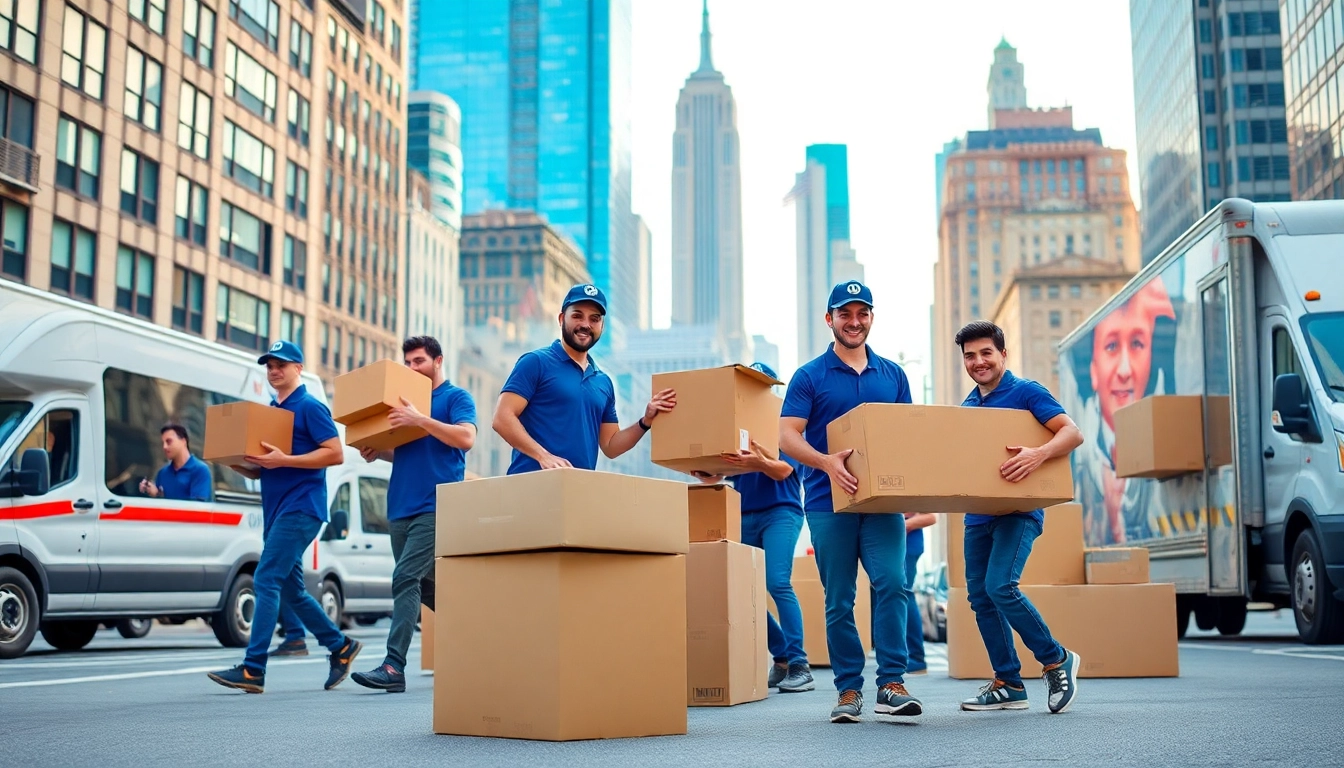 Efficient movers NYC team working together in a bustling urban scene, exemplifying professionalism.