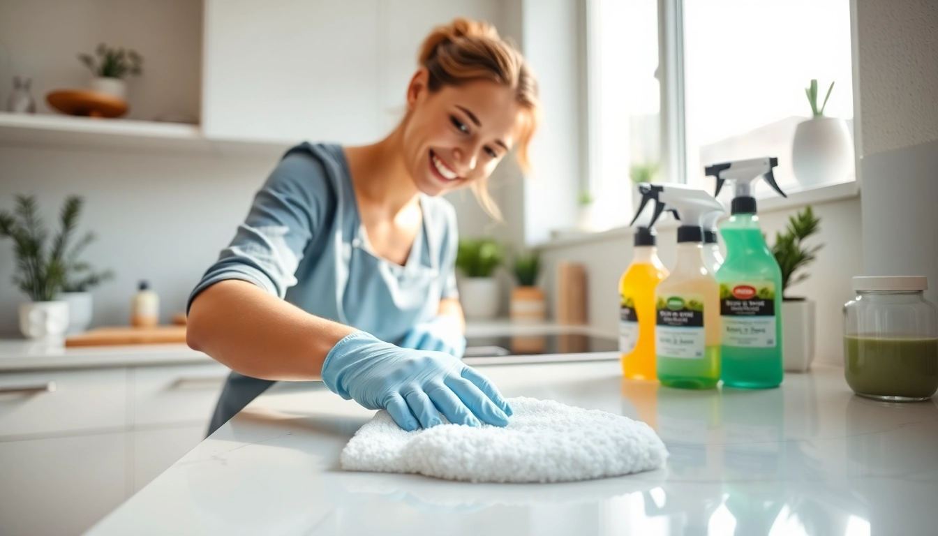 Bond cleaning Brisbane with a professional cleaner scrubbing a kitchen countertop in a sunlit apartment.