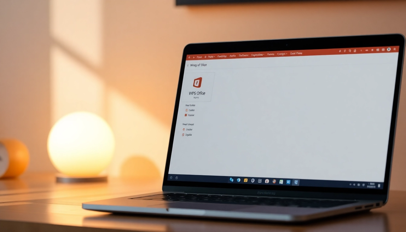 Download WPS Office with a modern interface visible on a sleek laptop screen.