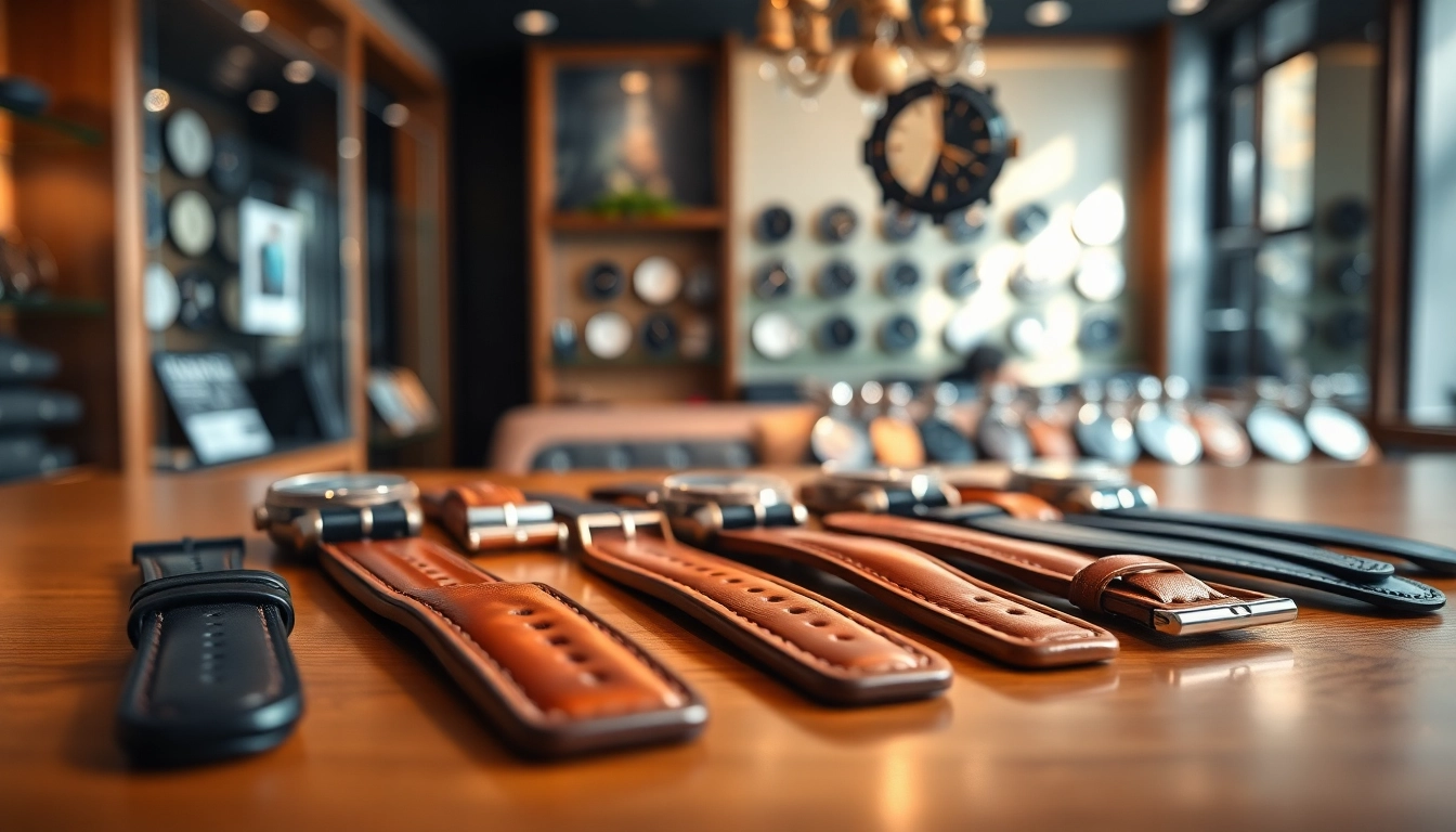 Explore vibrant uk watch straps showcased elegantly on a polished table in a boutique.