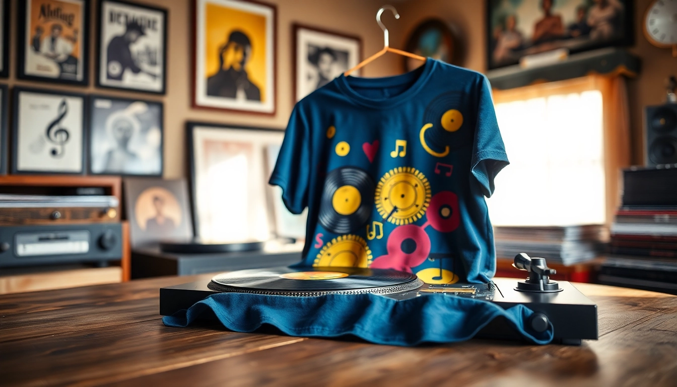 Showcase a turntable shirt designed with vibrant vinyl motifs on a wooden table.