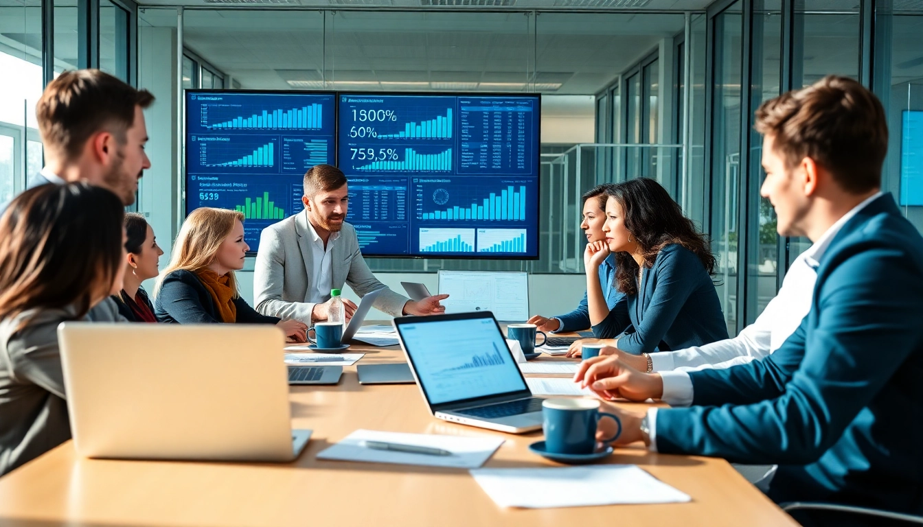 Analyze competitive intelligence data in a professional business meeting with diverse professionals.