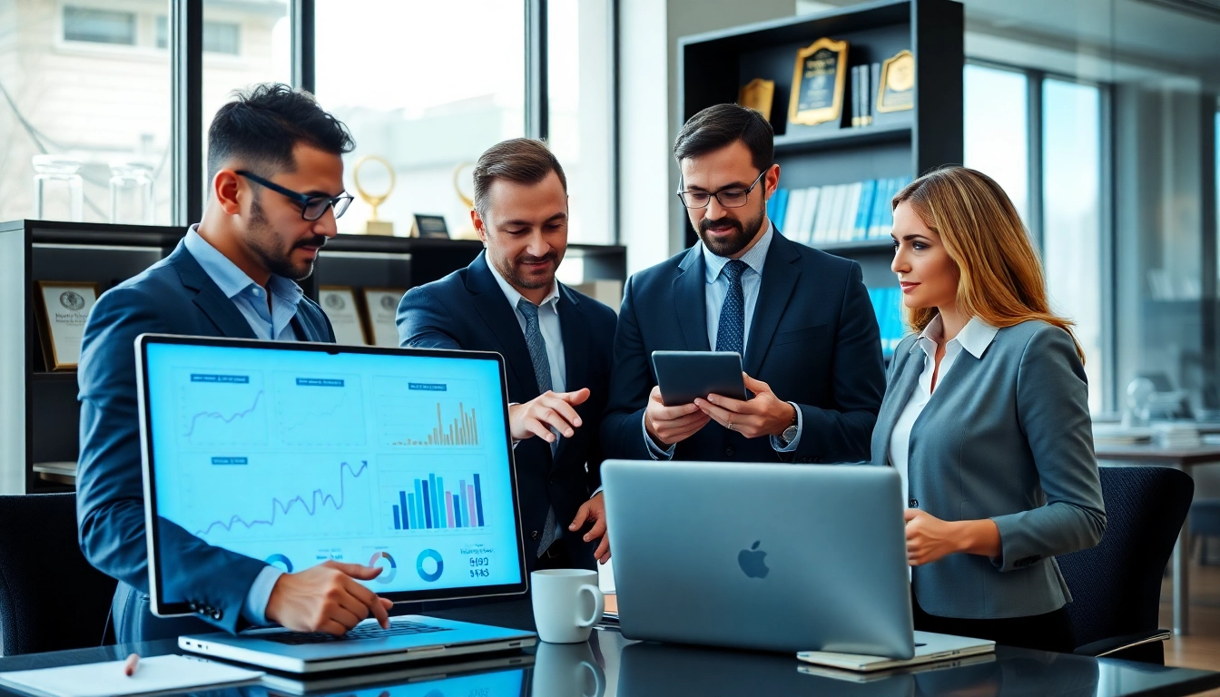 Business professionals analyzing competitive intelligence data in a modern office setting.