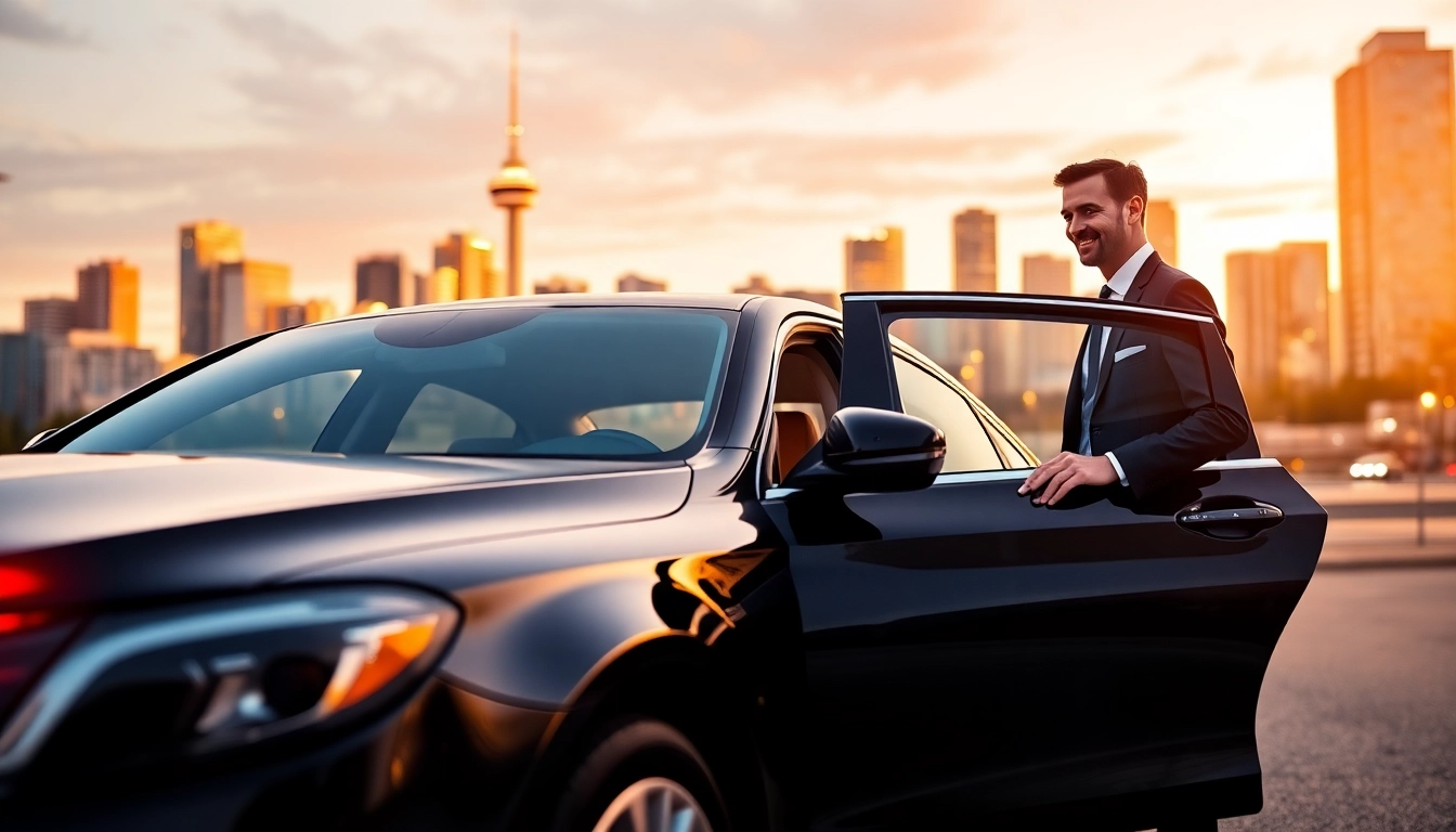 Experience premium car service Vancouver BC with a professional chauffeur and luxury sedan in a scenic urban backdrop.