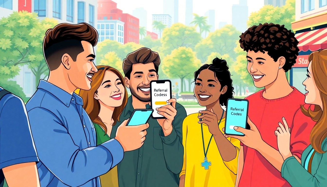 Engaged friends sharing referral codes on their phones in an urban atmosphere.