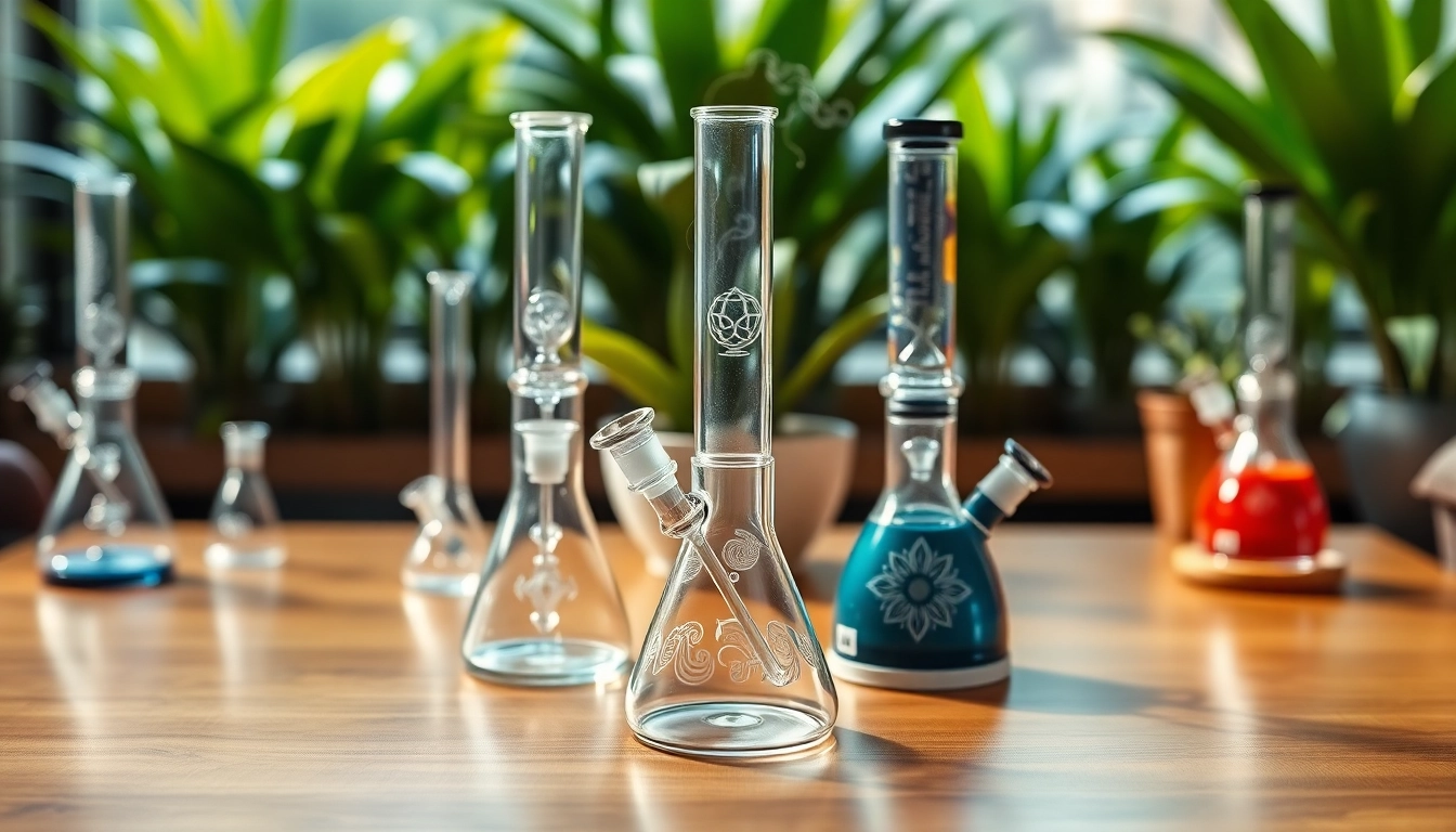 Admiring bongs displayed artfully on a table, showcasing unique glass designs and fresh plants.