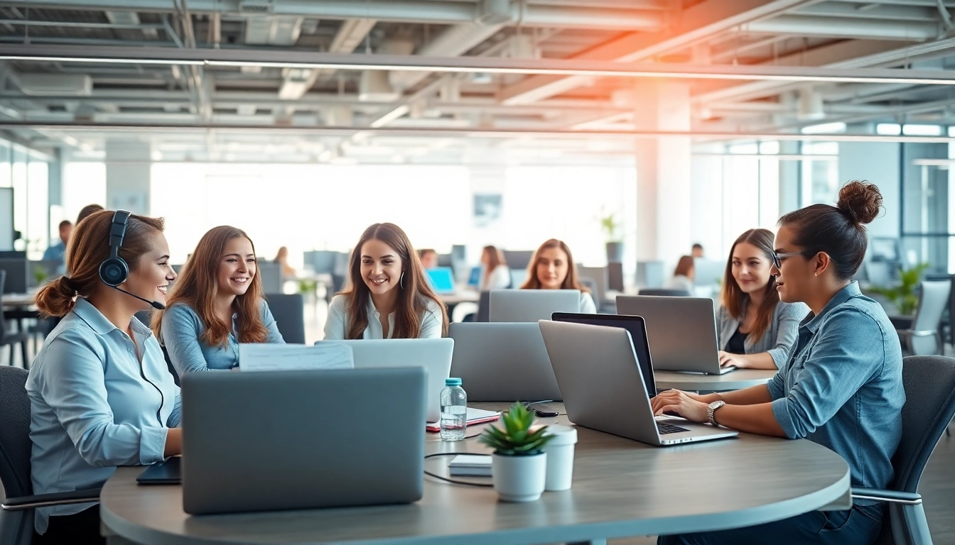 Engaged virtual assistants collaborating in a modern office setting, showcasing productivity.