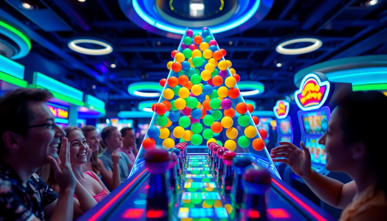 Permainan Plinko slot yang mendebarkan dengan bola berwarna-warni yang jatuh dan mengatur suasana casino.