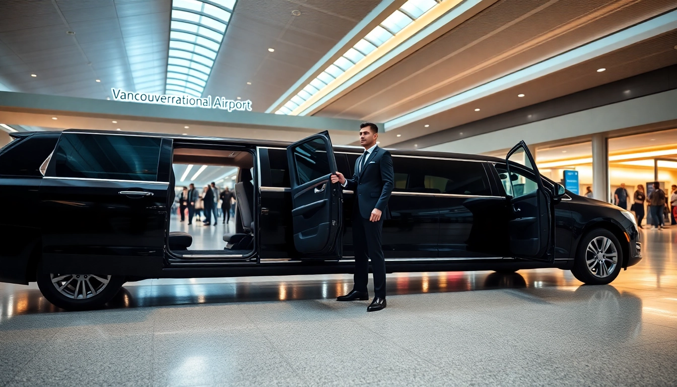 Limo Vancouver airport with a chauffeur welcoming passengers outside the terminal.