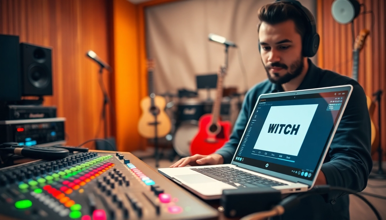 Engaging in music pitching with a professional musician in a vibrant studio setting.