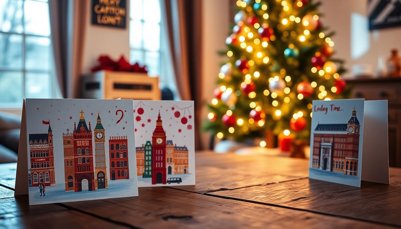 Showcasing unique Xmas cards London featuring iconic landmarks in a cozy holiday setting.