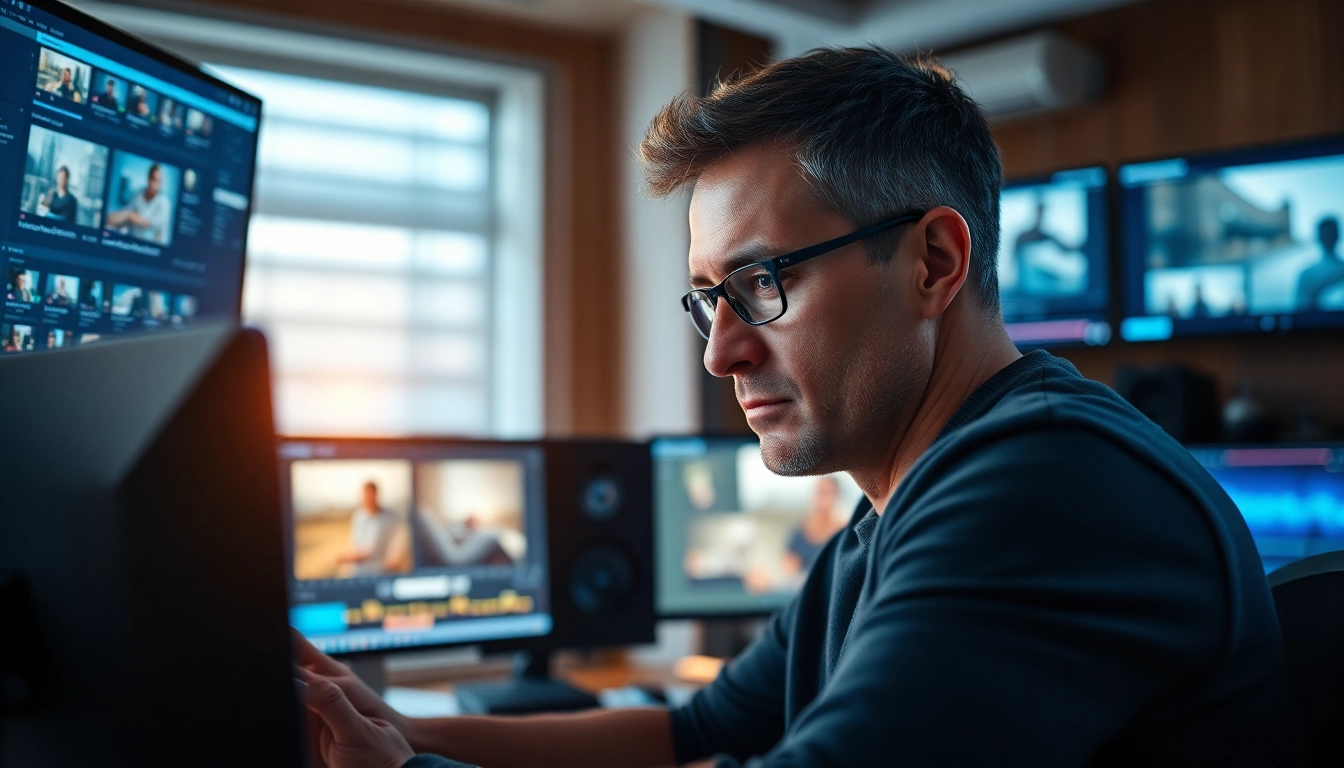 Video editor immersed in Editing & Post-Production in a contemporary studio, adjusting audio and video scenes.